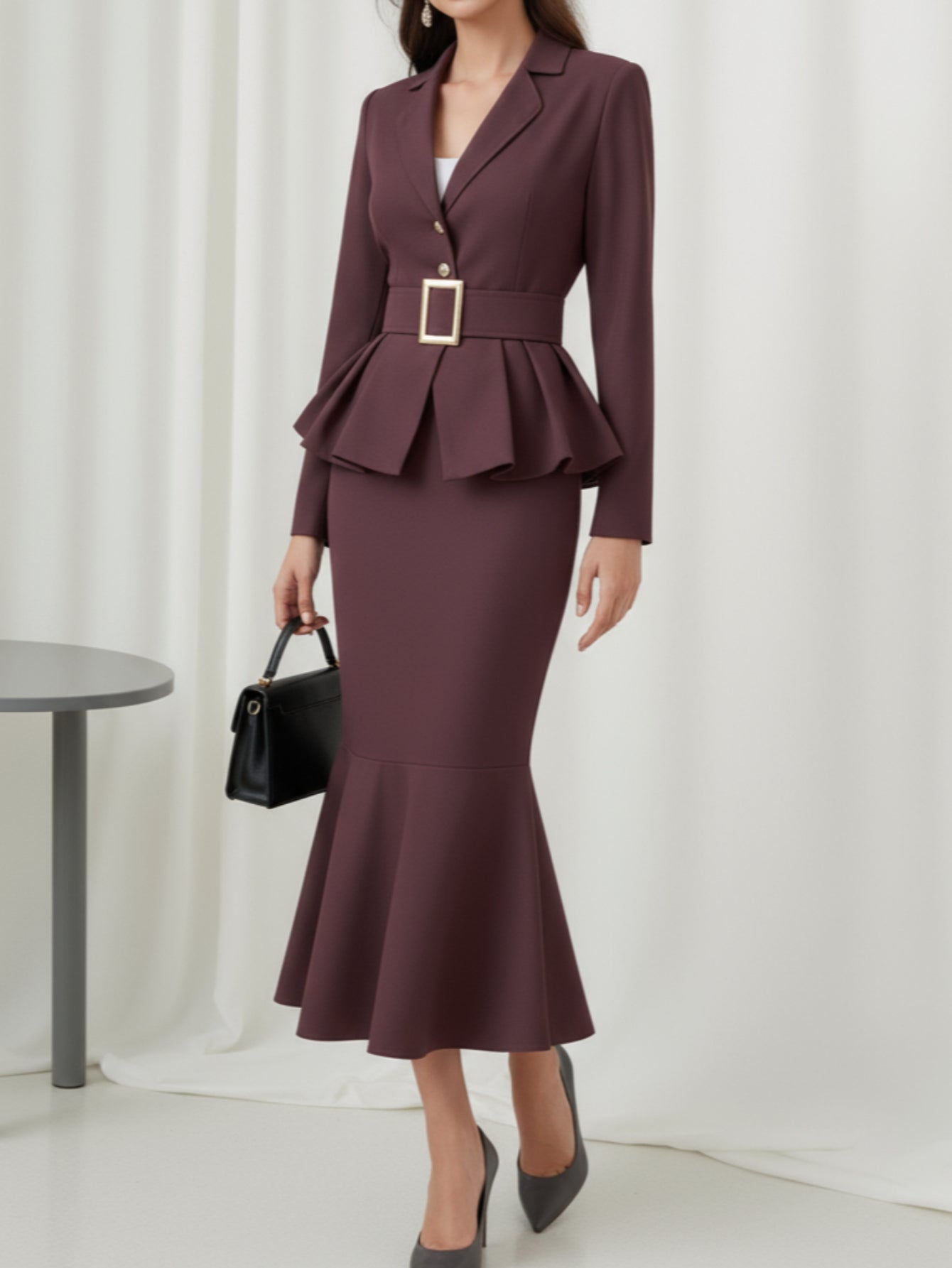 Women's Shawl Collar Ruffled Waist-Defined Midi Skirt Two-Piece Set | Suitable for Business Banquets, Formal Events, Creating an Elegant, Youthful and Sophisticated High-End Outfit