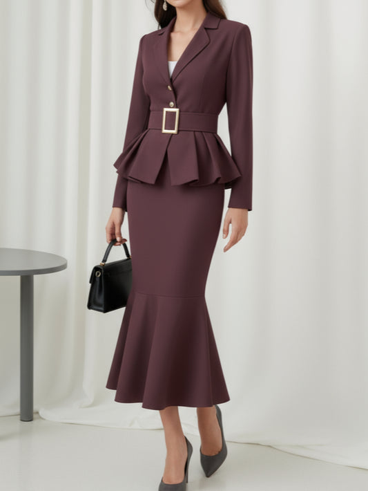 Women's Shawl Collar Ruffled Waist-Defined Midi Skirt Two-Piece Set | Suitable for Business Banquets, Formal Events, Creating an Elegant, Youthful and Sophisticated High-End Outfit