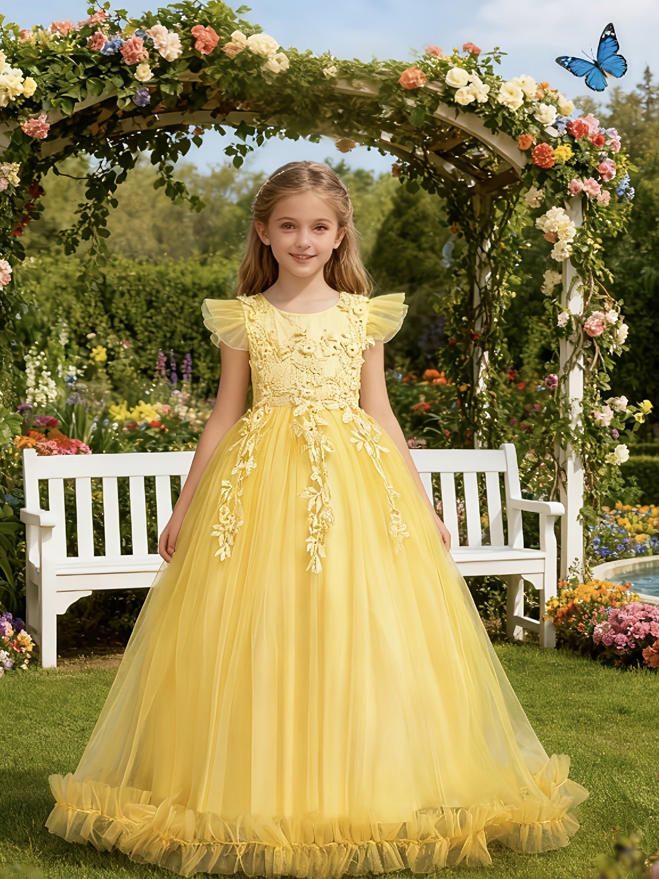 2025 New Arrival Girls Princess Style Tulle Gown With 3D Floral Bodice And Large Ballgown Skirt For Weddings And Parties