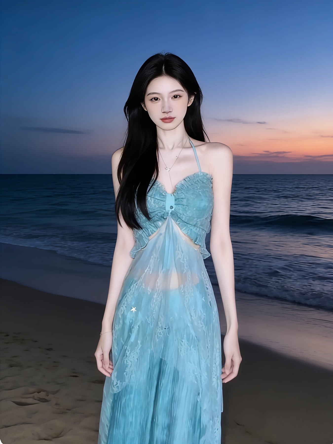 Cool-toned Halter Neck Camisole Dress | Mint Green Lace Sheer Waist-Cinching Maxi Dress, Soft Vibe Atmosphere Outfit, Asymmetrical Long Two-Piece Set, Ideal for Spring/Summer Vacation