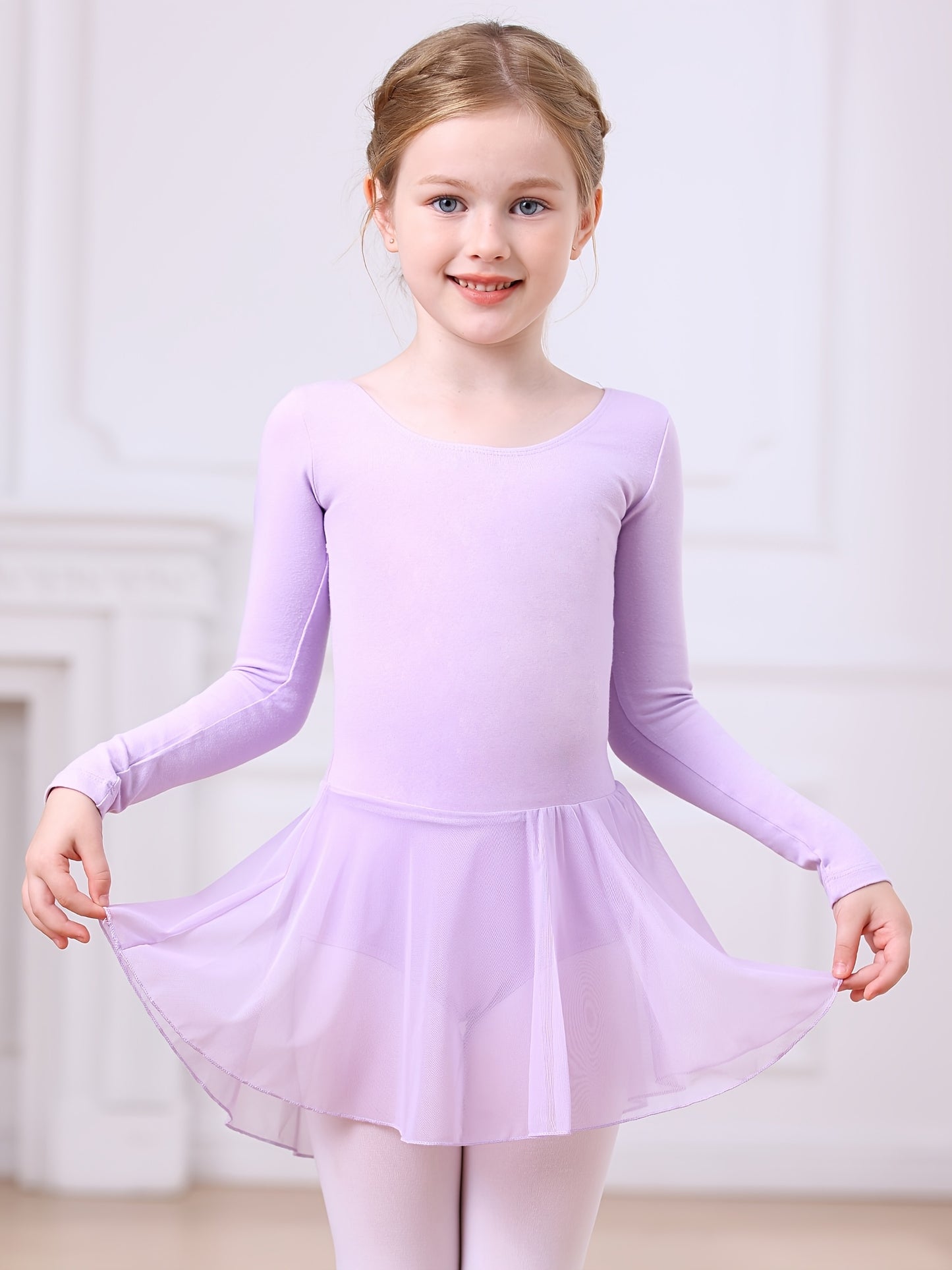 Christmas Gift Girls' Dance Dress - Long Sleeve Basic One-Piece Mesh Dress With High-Low Hem, Kids' Ballet Leotard Training Wear For Dance, Sports, Outdoor