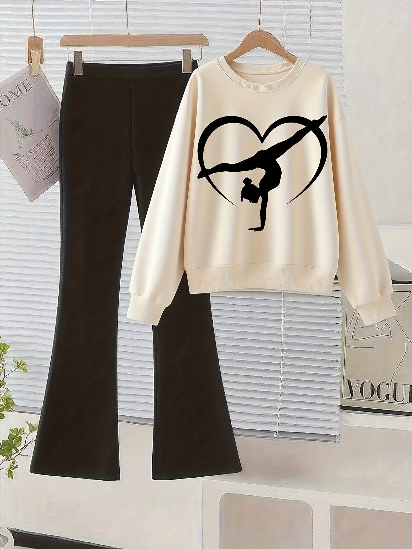 Girls' Gymnastics Dance Outfit Set - Heart Gymnast & Flared Pants with Handstand Pose Decor, Beige/Black/ Pink/Black/White/Gray/, Soft Light Beige-Friendly Fabric for K-POP Dance Practice, Gymnastics Performances, Casual Atti