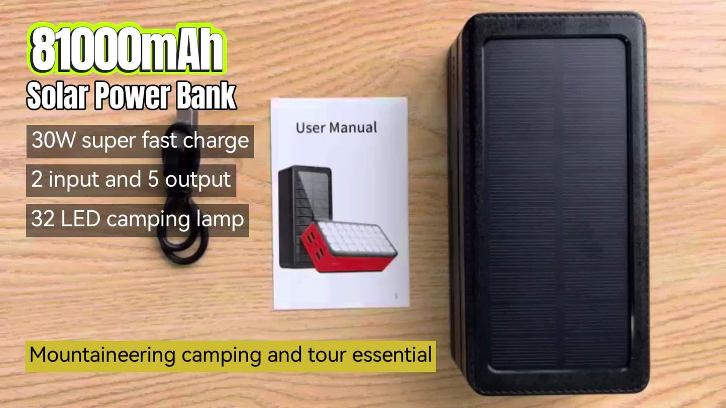 81000mAh Solar Power Bank With 32 LED Flashlight And Solar Charging 30W Fast Charger For Camping And Outdoor Survival