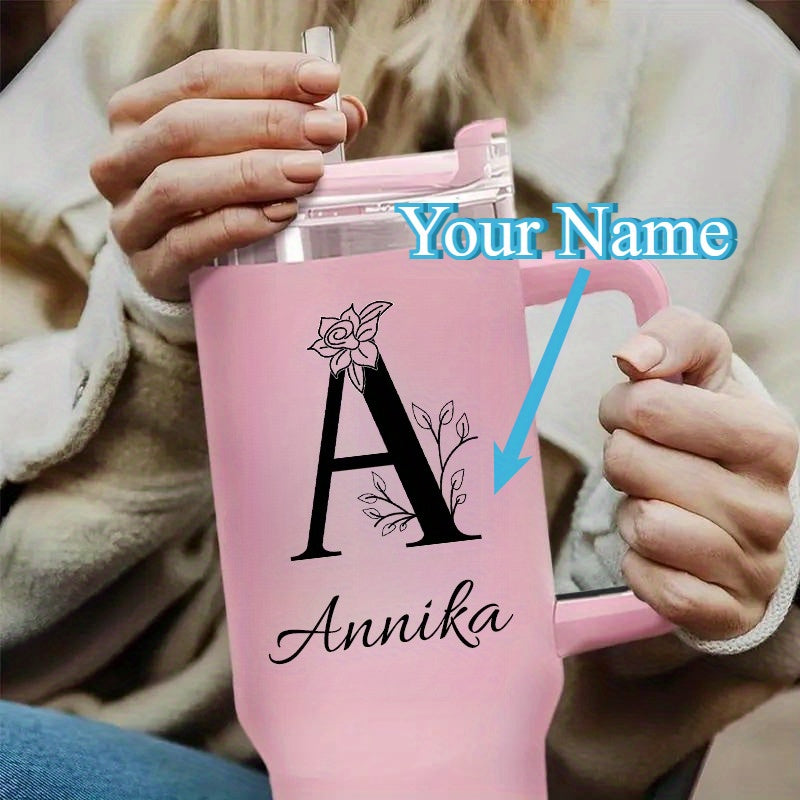 [Personalized Thermos Cup] 40oz Customized Name Thermos Cup | Double Wall Stainless Steel Handle Insulated Coffee Cup, Large Capacity with Lid And Straw, Personalized Gift with First Letter Flower Design, Travel And Office Cu