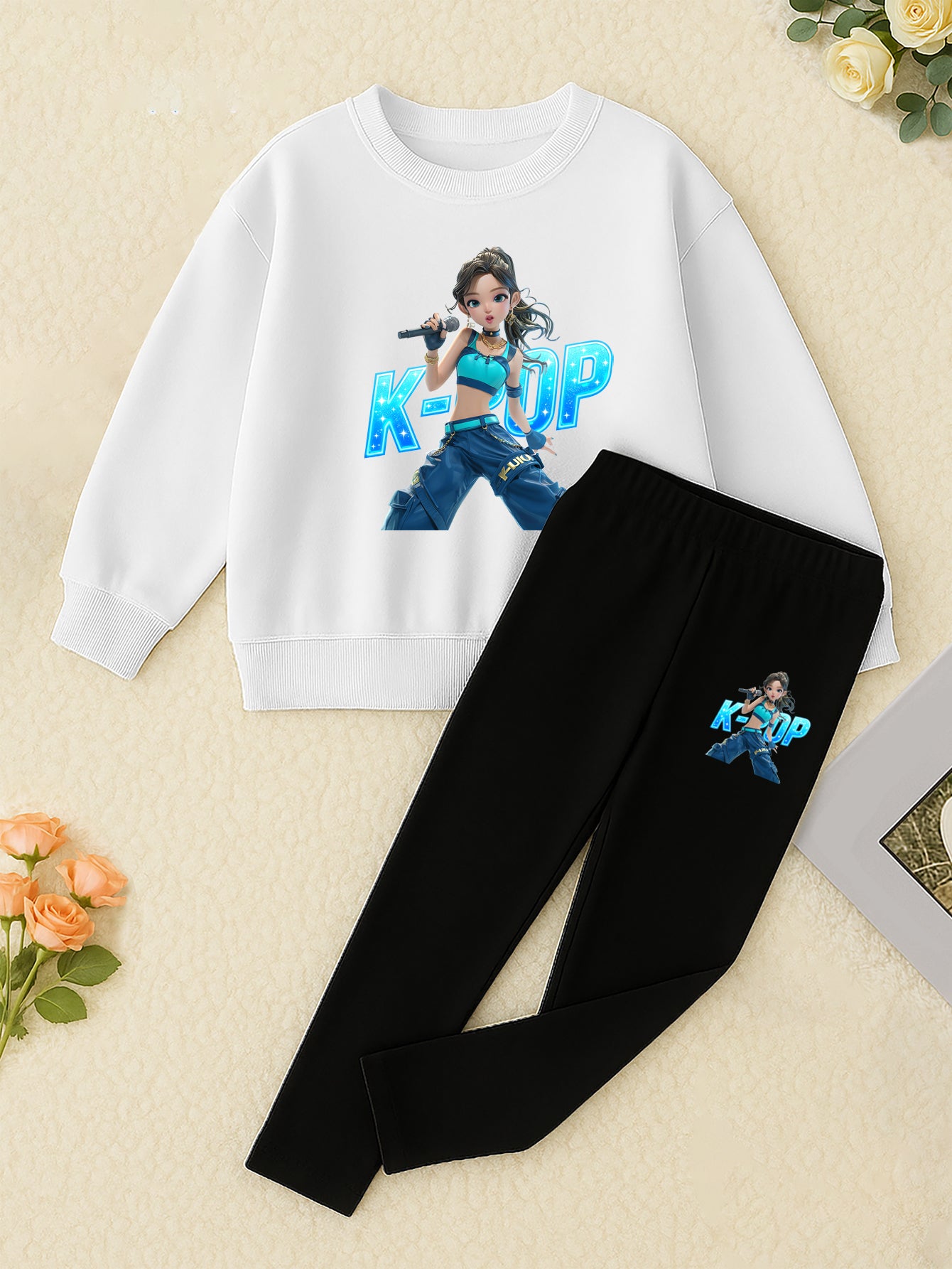 K-Pop Element Girls Two-piece Set | Girl Idol Group Anime Print Sweatshirt + Tight Pants | Trendy Brand Daily Wear | Perfect Birthday Gift for Girls, for Outdoor