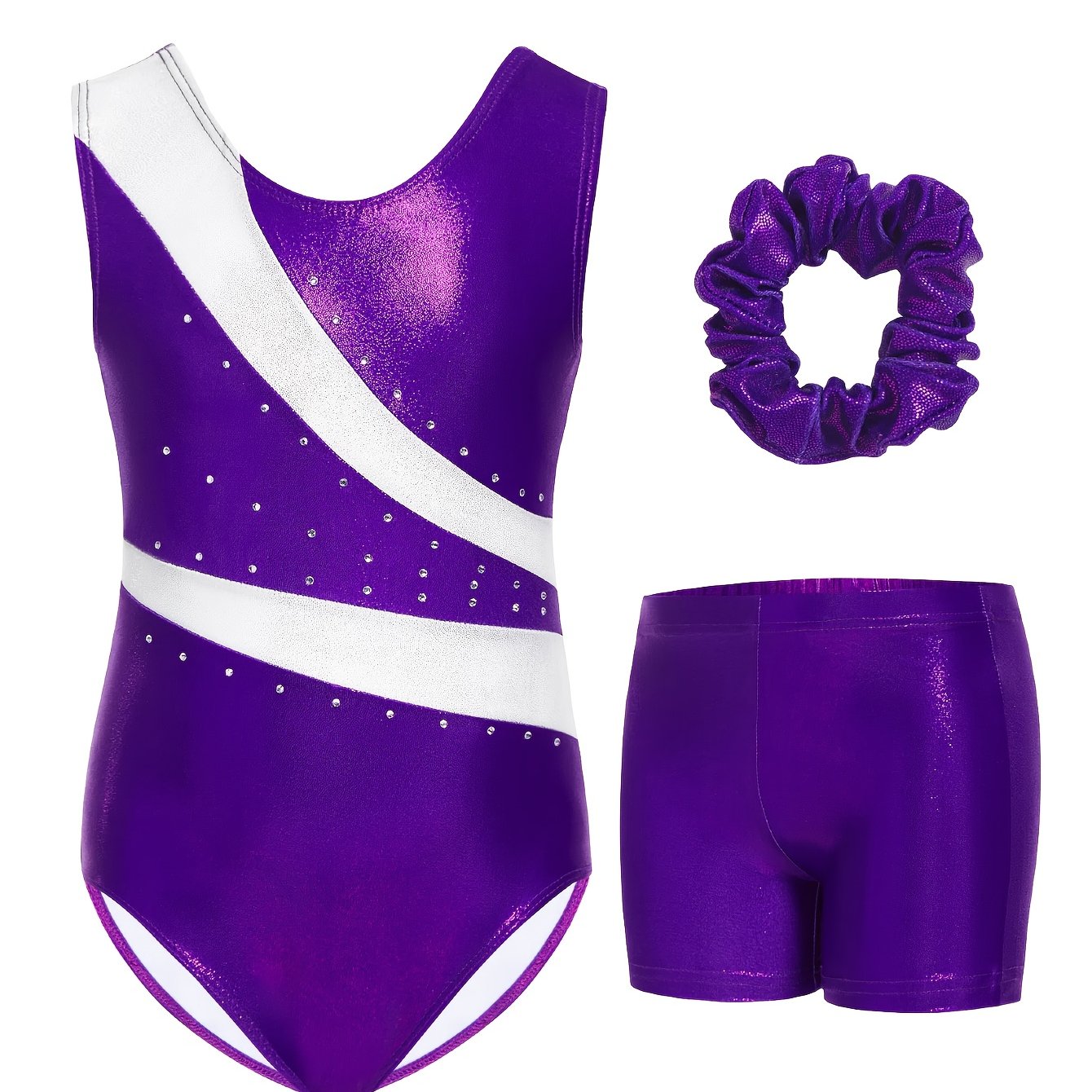 Girls Rhinestone Gymnastics Leotard Shorts Hair Tie Set 3 Piece