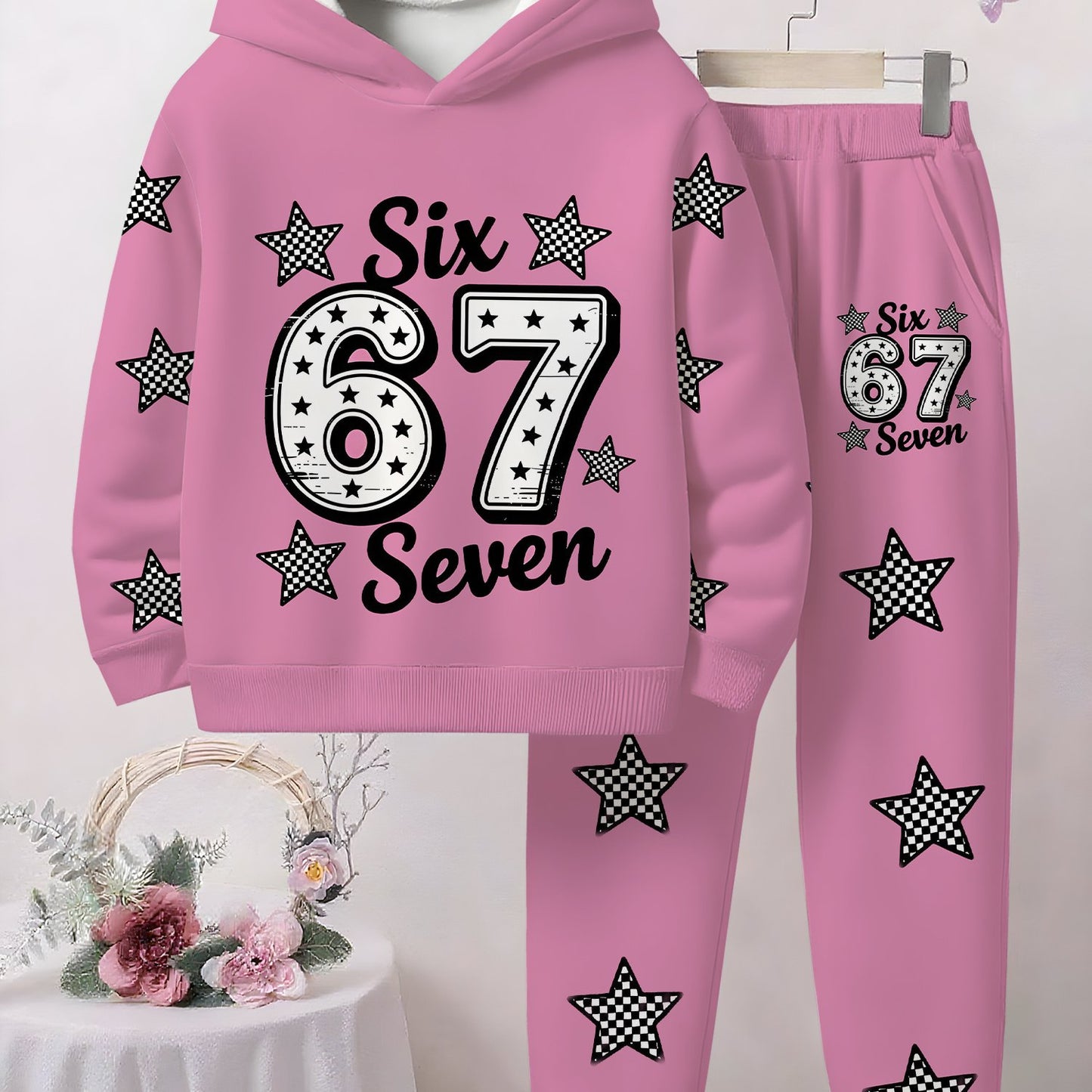 Pink Star and "67" Digital Hoodie Set | Fully Printed Star Mang Patterns, High-Quality Skin-Friendly Fabric, Warm Hood, Playful and Fashionable Design, Perfect for Spring/Fall, for Outdoor