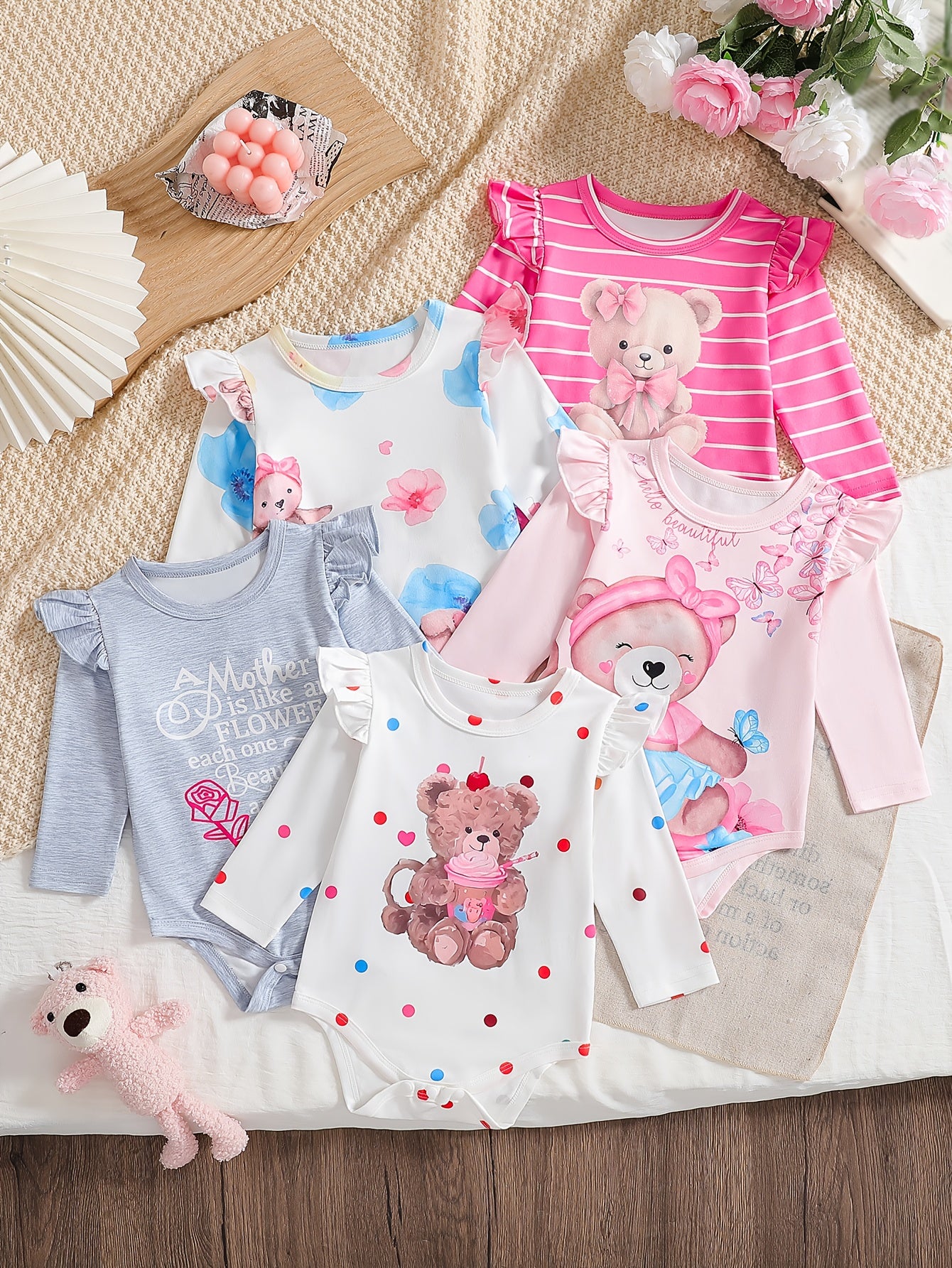 Cute Baby Girl Bear Print Jumpsuit Set With Flying Sleeves