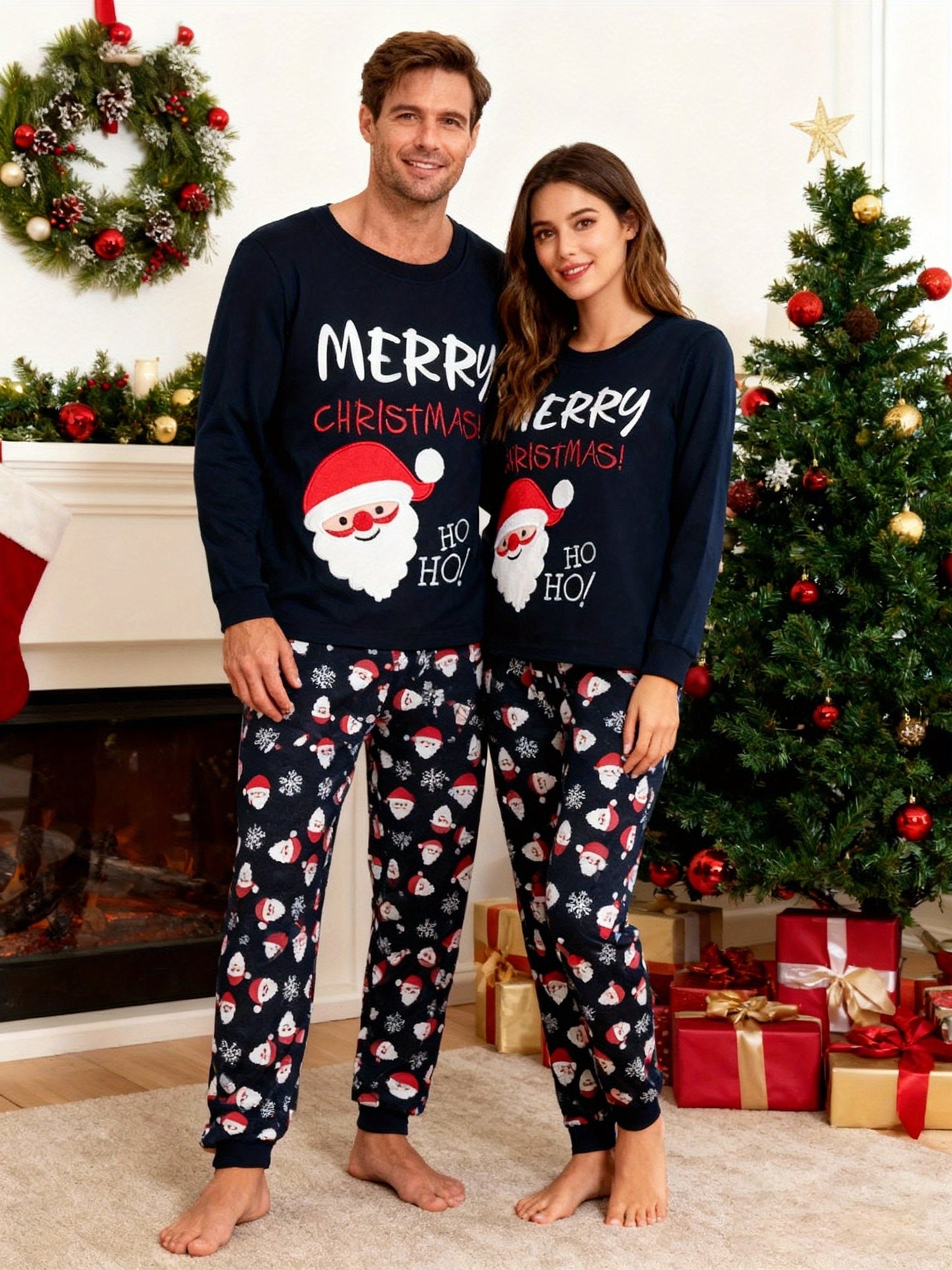 2-Pack Family Matching Christmas Pajamas Set, Santa And Tree Print Long Sleeve Nightwear Set for Men, Kids Family Pjs, Holiday Party Pajamas