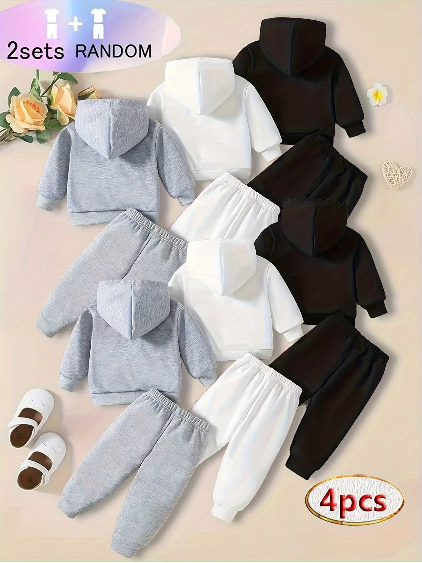 4pcs ' Winter Hooded Sweatsuit Set - Letter 'D' Outfits (Matching Hoodies & Pants), Machine-Washable Sweaters for Baby, Casual Playwear & Christmas Photoshoot Clothes, Perfect for Outdoor