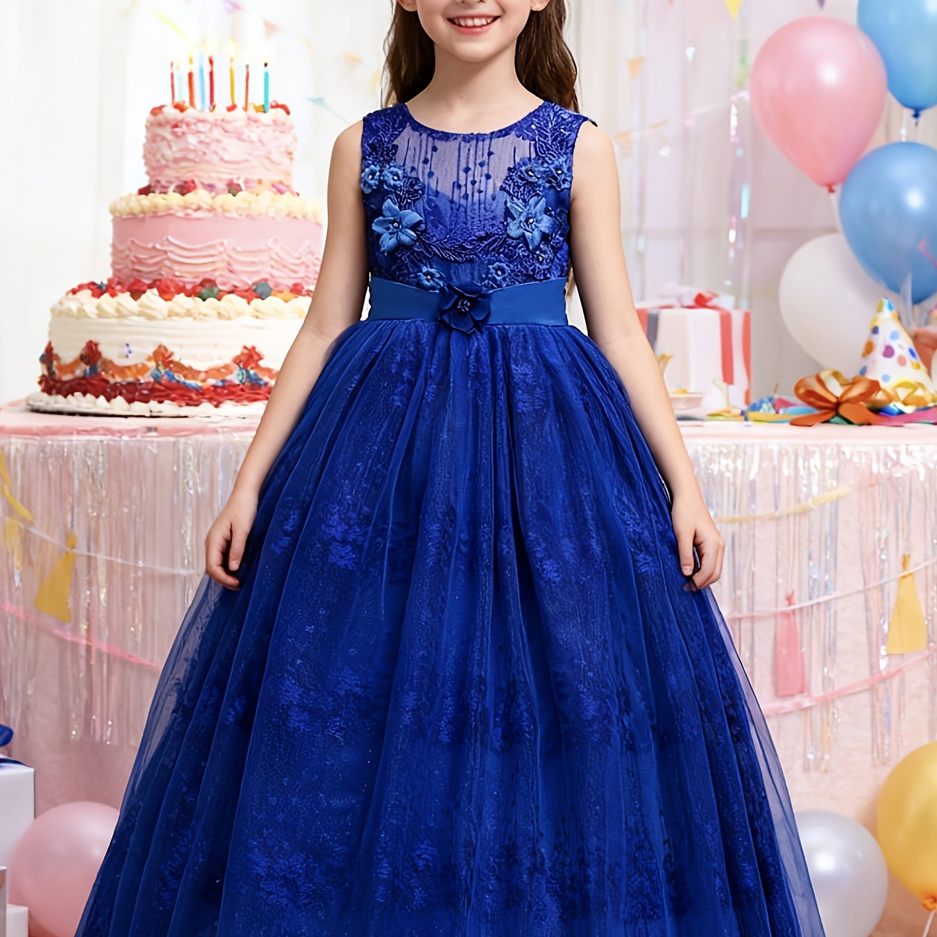 Girls Princess Gown Sleeveless 3D Lace Embroidery Maxi Dress