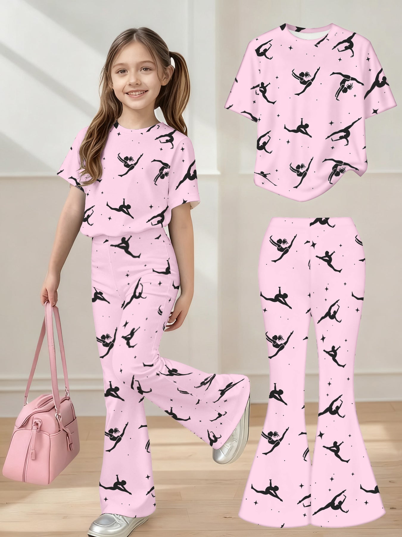Girls 3D Print Gymnastics Two Piece Outfit With Crew Neck