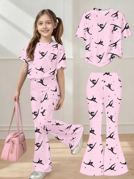 Girls 3D Print Gymnastics Two Piece Outfit With Crew Neck