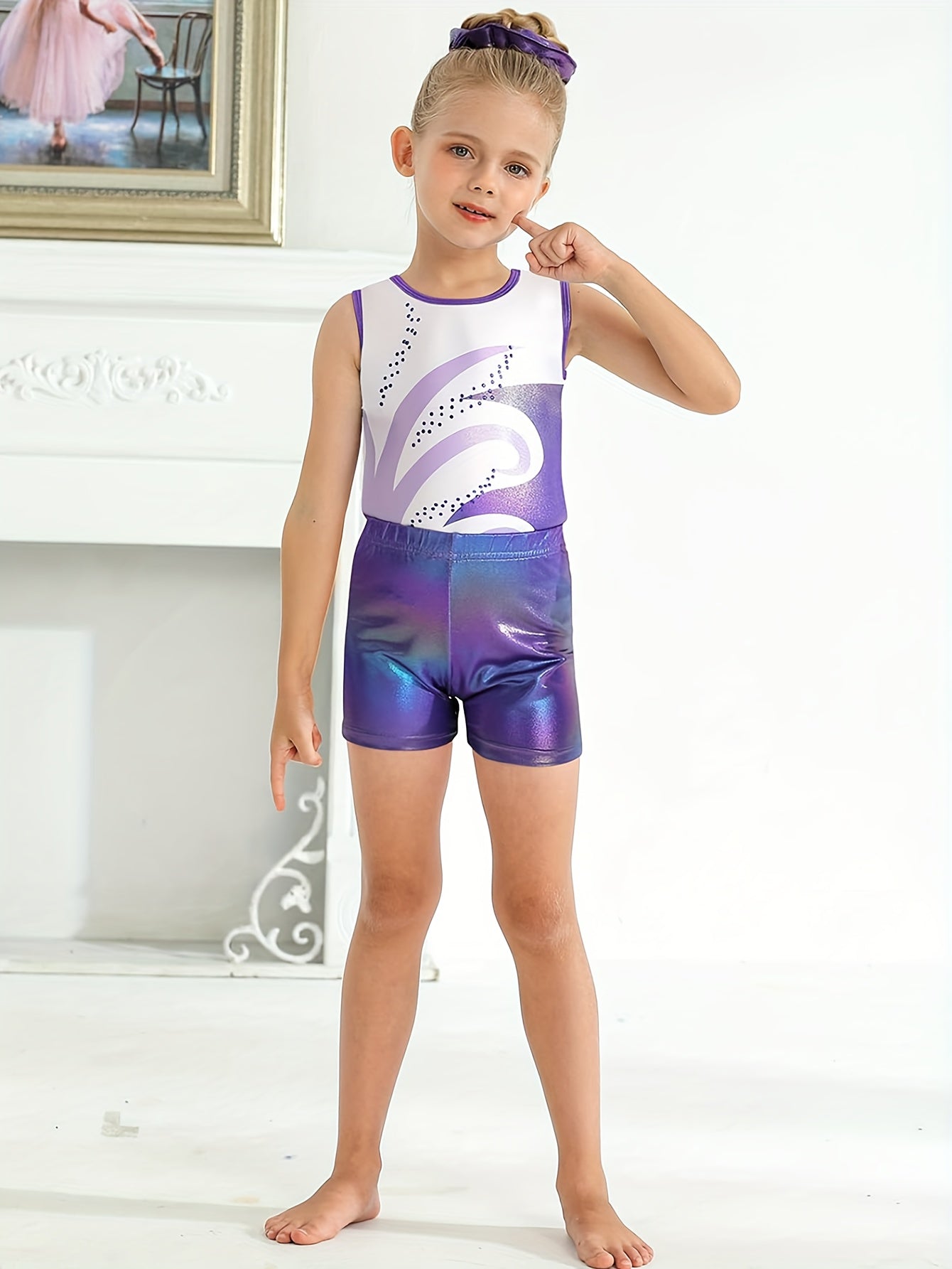 Girls' Sleeveless Gymnastics Leotard with Sparkling Blue & Purple Swirl Design + Light Blue Shorts & Hair Tie - Breathable Stretchy Fabric for Dance, Gymnastics, Christmas Parties, Gymnastics Attire, Sleek Fitted Design, Medi