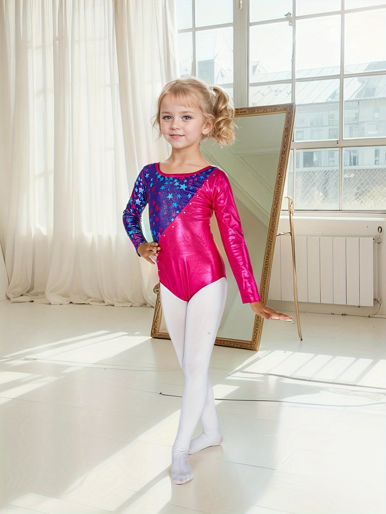Girls Gymnastics Leotard, 3-12 Years Long Sleeve Glitter Dance Leotard with Shorts Ballet Tumbling Set