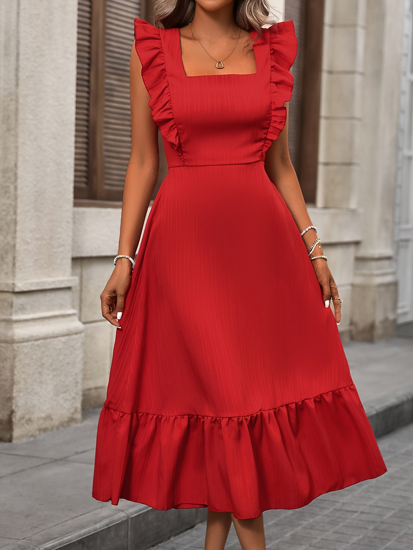 Women'S Elegant Ruffled Square Neck Tie-Waist Dress with Puff Sleeve - Vibrant Red A-Line Skirt, All-Season Formal & Casual Outfits