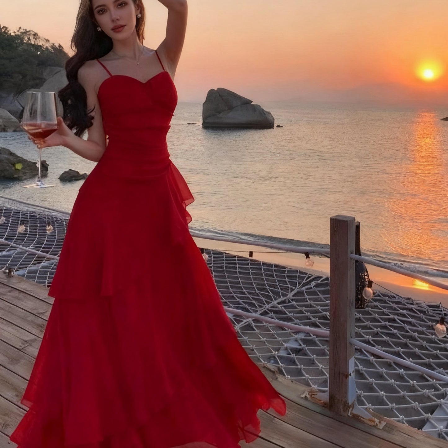 Women's Retro Red Strapless/One-Shoulder Maxi Dress - Waist-Cinching Ruffled evening Gown, Hand Washable Party Wedding Guest Dress, Birthday Evening Attire, Spring Summer Fall Elegant Dress Gift for her