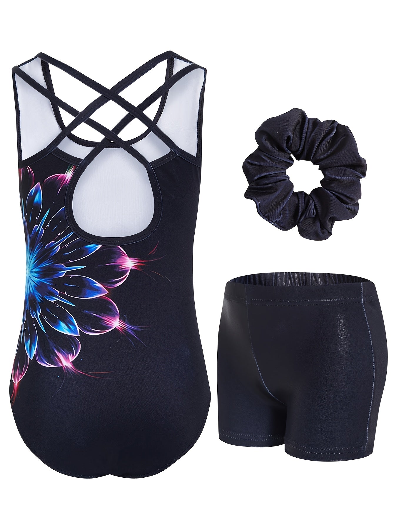 3pcs Girls' Gymnastics Leotard & Shorts Set with Hair Scrunchie - Shiny Gradient & Glittery Cross-Back Dance Outfit, Quick-Dry Spandex/Brittle-like Suit for Tumbling, Ballet, Rhythmic Gymnastics (Ages 3-12) - Multi-Color Opti
