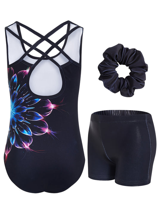 3pcs Girls' Gymnastics Leotard & Shorts Set with Hair Scrunchie - Shiny Gradient & Glittery Cross-Back Dance Outfit, Quick-Dry Spandex/Brittle-like Suit for Tumbling, Ballet, Rhythmic Gymnastics (Ages 3-12) - Multi-Color Opti