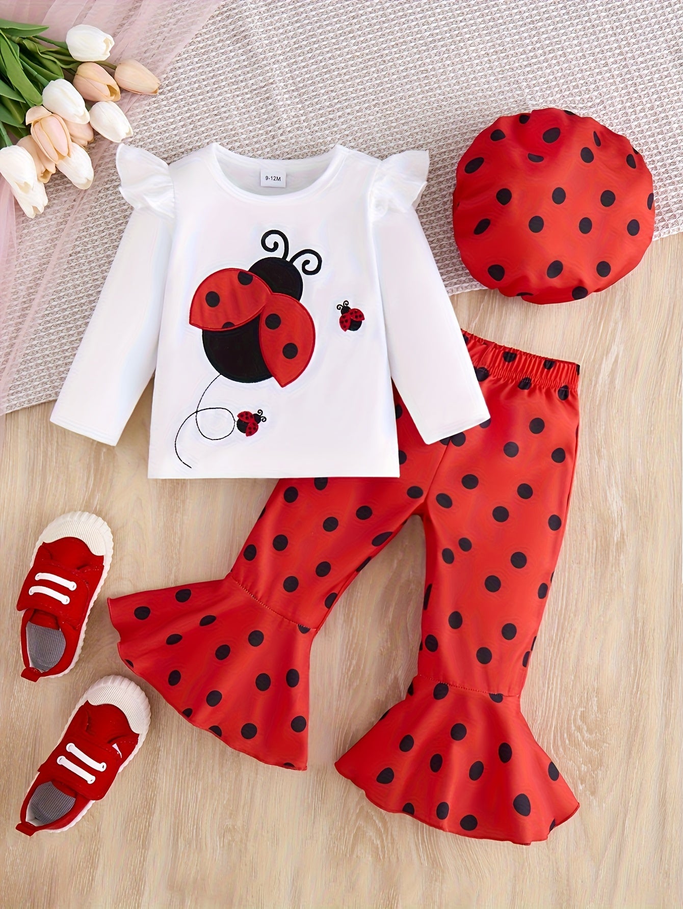 2pcs Baby's Cartoon Ladybug Print Ruffled Long Sleeve T-shirt + Hat + Polka Dots Pattern Bell-bottom Pants, Toddler & Infant Girl's Clothing Set for Spring Fall, Outdoor Cloth, Perfect for Outdoor