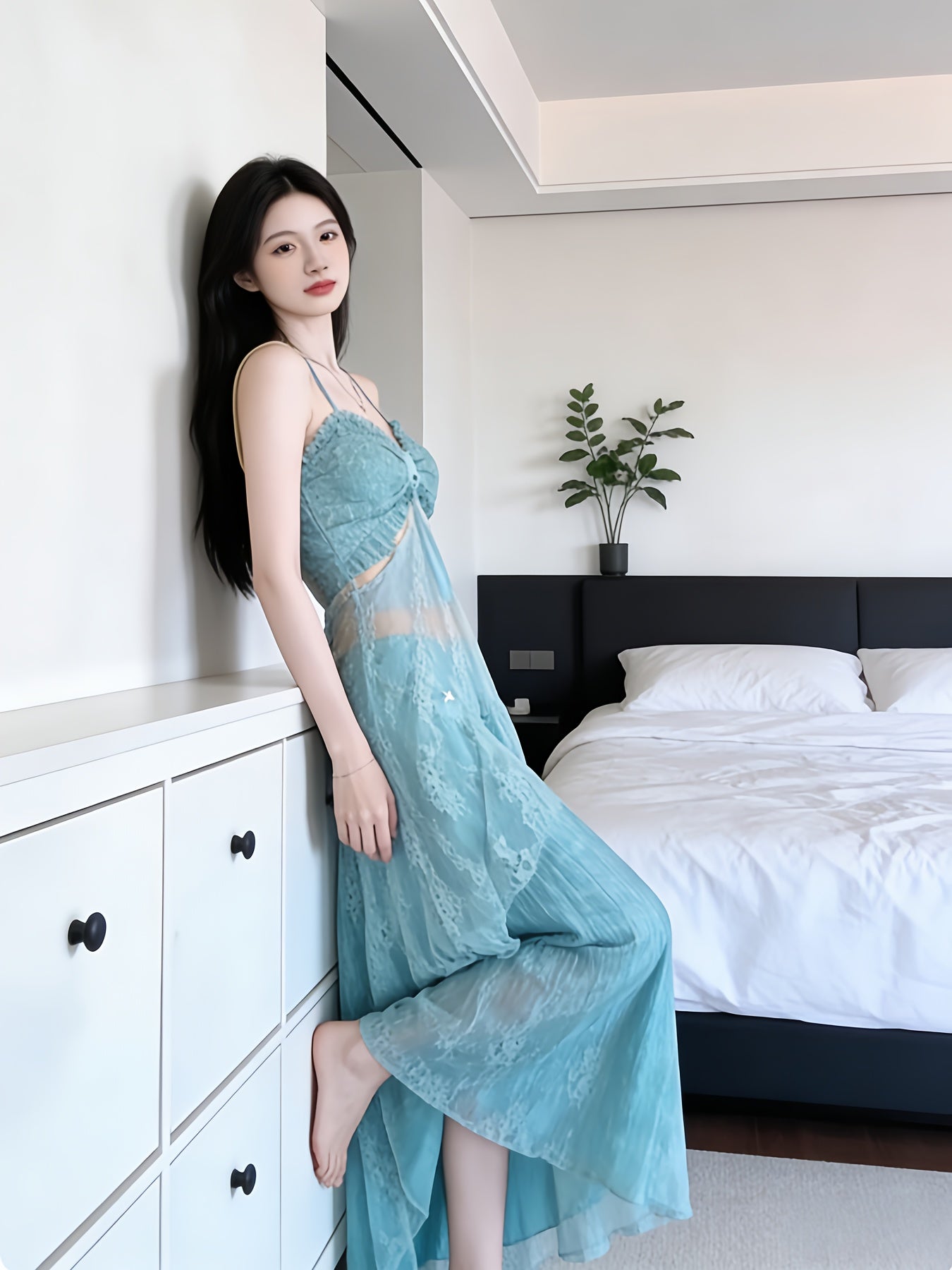 Cool-toned Halter Neck Camisole Dress | Mint Green Lace Sheer Waist-Cinching Maxi Dress, Soft Vibe Atmosphere Outfit, Asymmetrical Long Two-Piece Set, Ideal for Spring/Summer Vacation