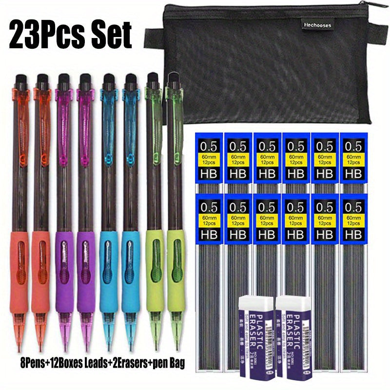 23 Piece Mechanical Pencil Set 0.5mm And 0.7mm Side Press Includes 8 Pencils 12 HB Lead Refills 2 Erasers And Pen Bag