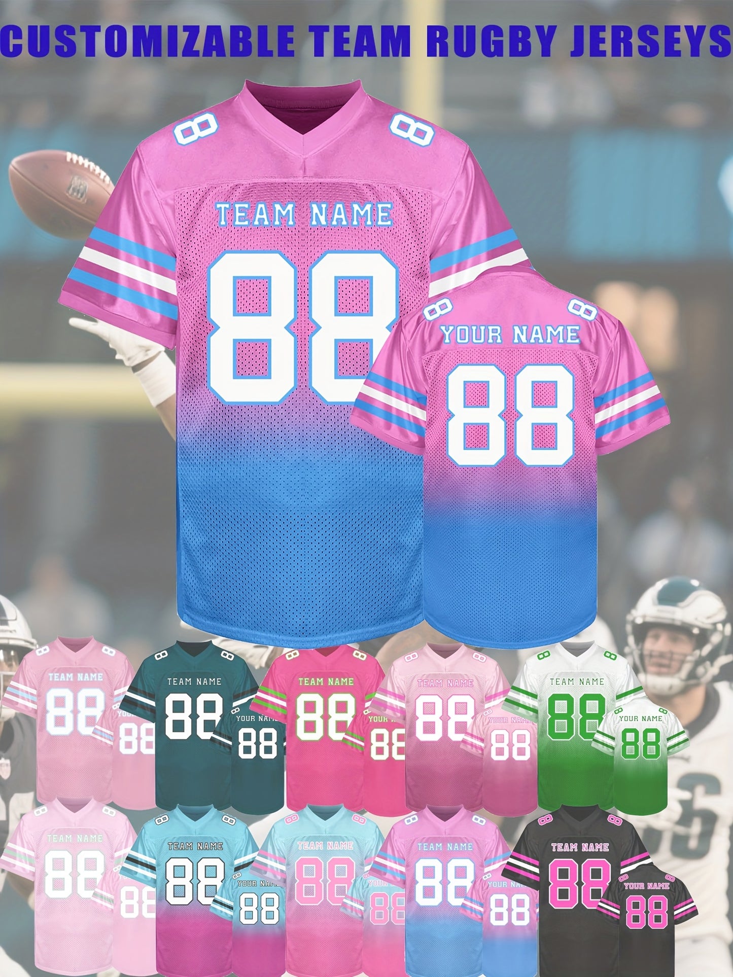 [Custom Rugby Jerseys] Custom Rugby Jerseys - Personalized Name, Number, Team - V-Neck Nylon Button Front - All-Season Comfort Fit - Custom Colors (Black/Pink/Teal/Green/) - for Men, Teams, Sports, Training, Parties, Casual W