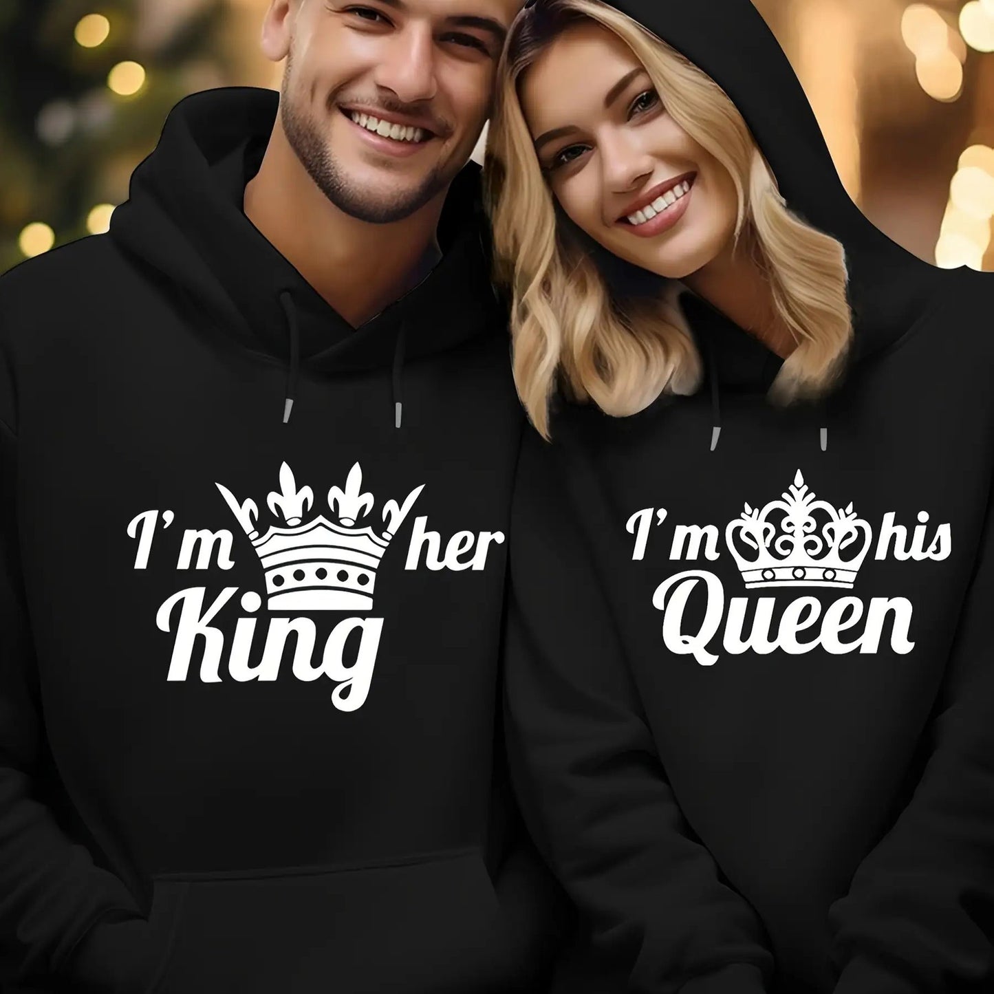 Men's Plus-Size "I'm Her King/His Queen" Couples Sweater - Double-Sided Printed Matching Outfits, Soft Blend Fabric, Loose-Fit Hooded Pullover for Travel & Casual Wear, Machine Washable (Red/White Text) - Valentine's Day Gift