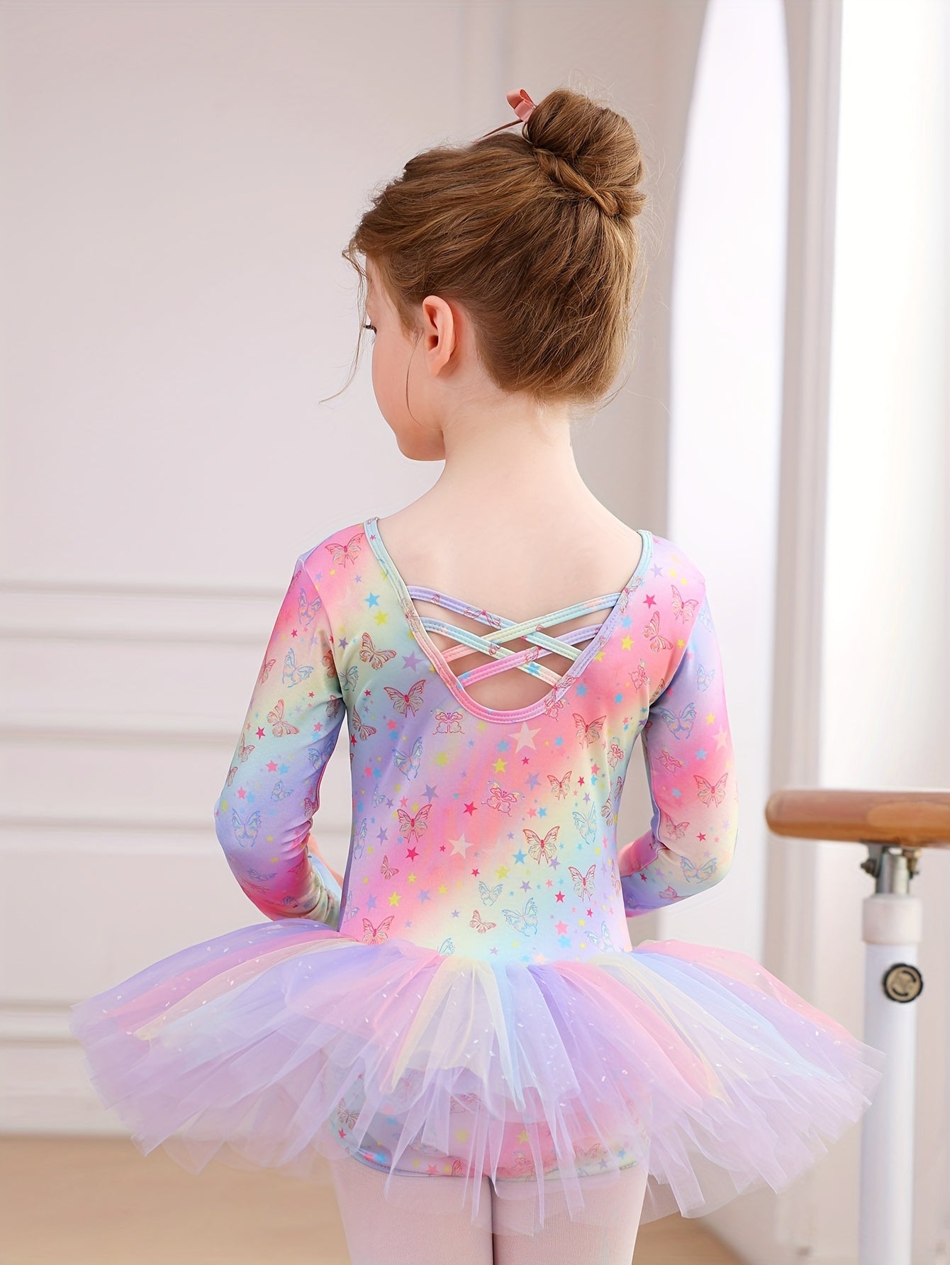 Christmas Gift Girls' Outfit - Long Sleeve Star Rainbow Butterfly Print One-Piece Tulle Puffy Dress, Non-Detachable Fall Ballet Gymnastics Leotard For Daily Wear, Birthday Party, Dance Performance, Outdoor Sports