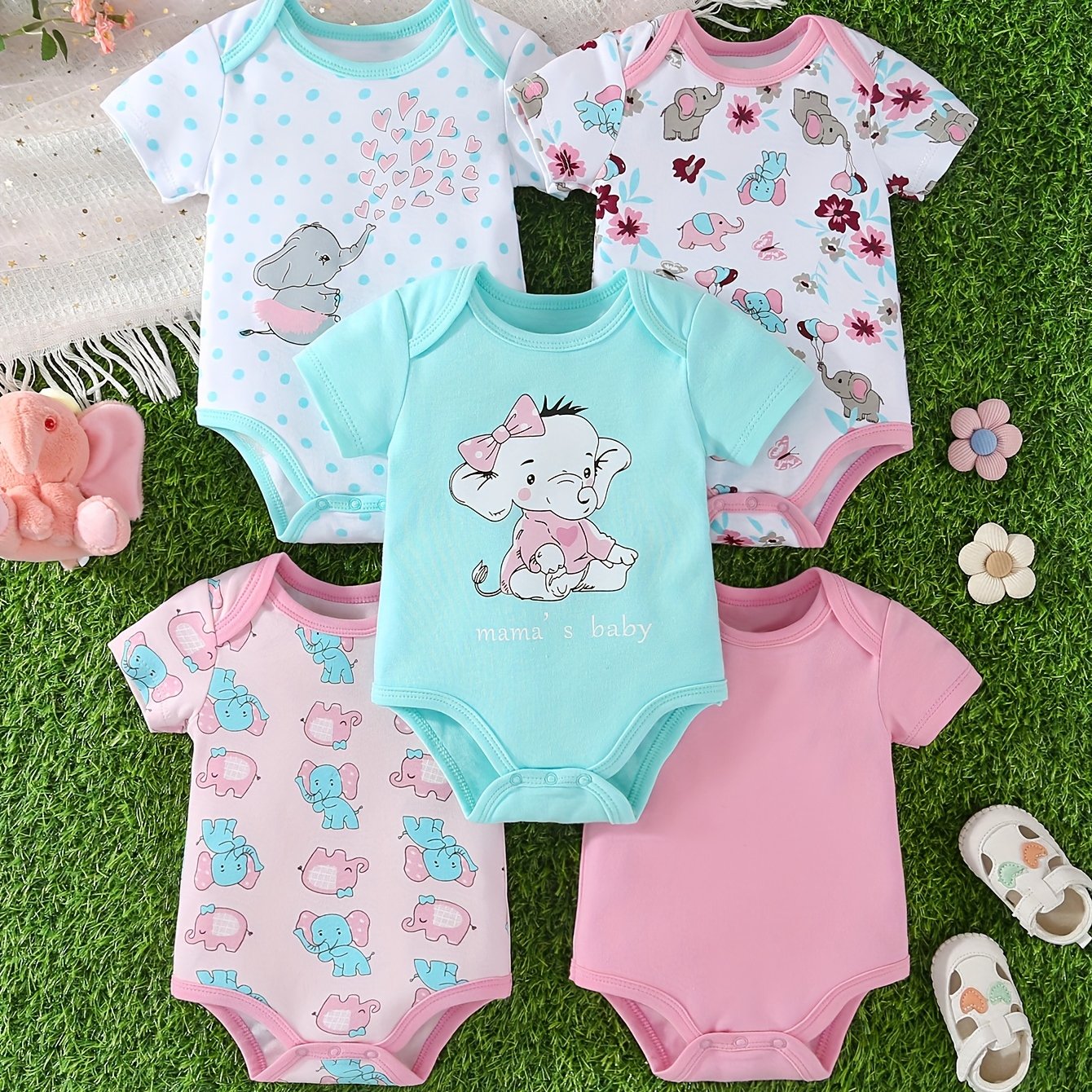 5pcs Set Of Baby Girl Short Sleeved Triangle Jumpsuit, Pink Elephant Cute Baby Girl Hoodie, Crawling Suit, for Outdoor