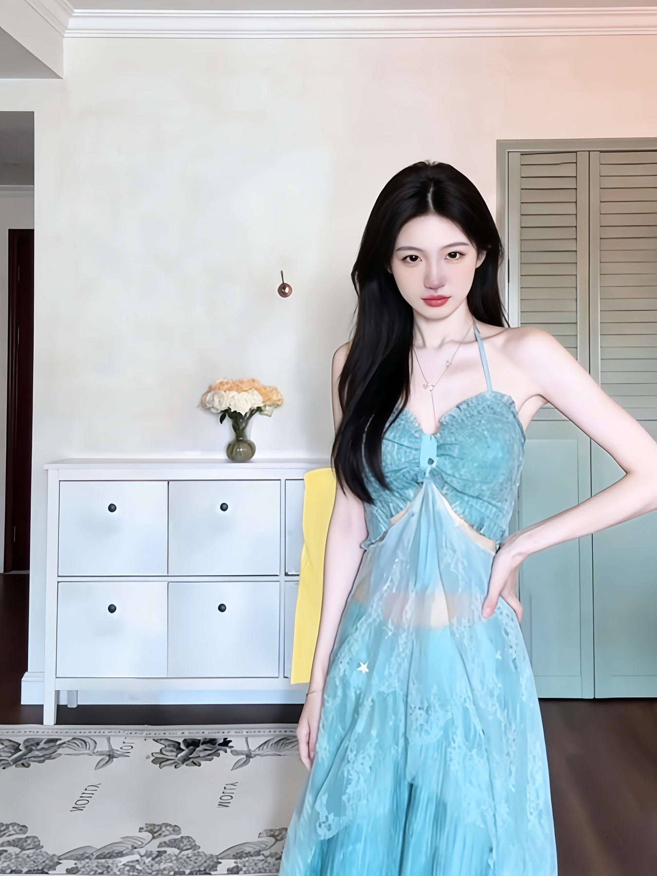 Cool-toned Halter Neck Camisole Dress | Mint Green Lace Sheer Waist-Cinching Maxi Dress, Soft Vibe Atmosphere Outfit, Asymmetrical Long Two-Piece Set, Ideal for Spring/Summer Vacation