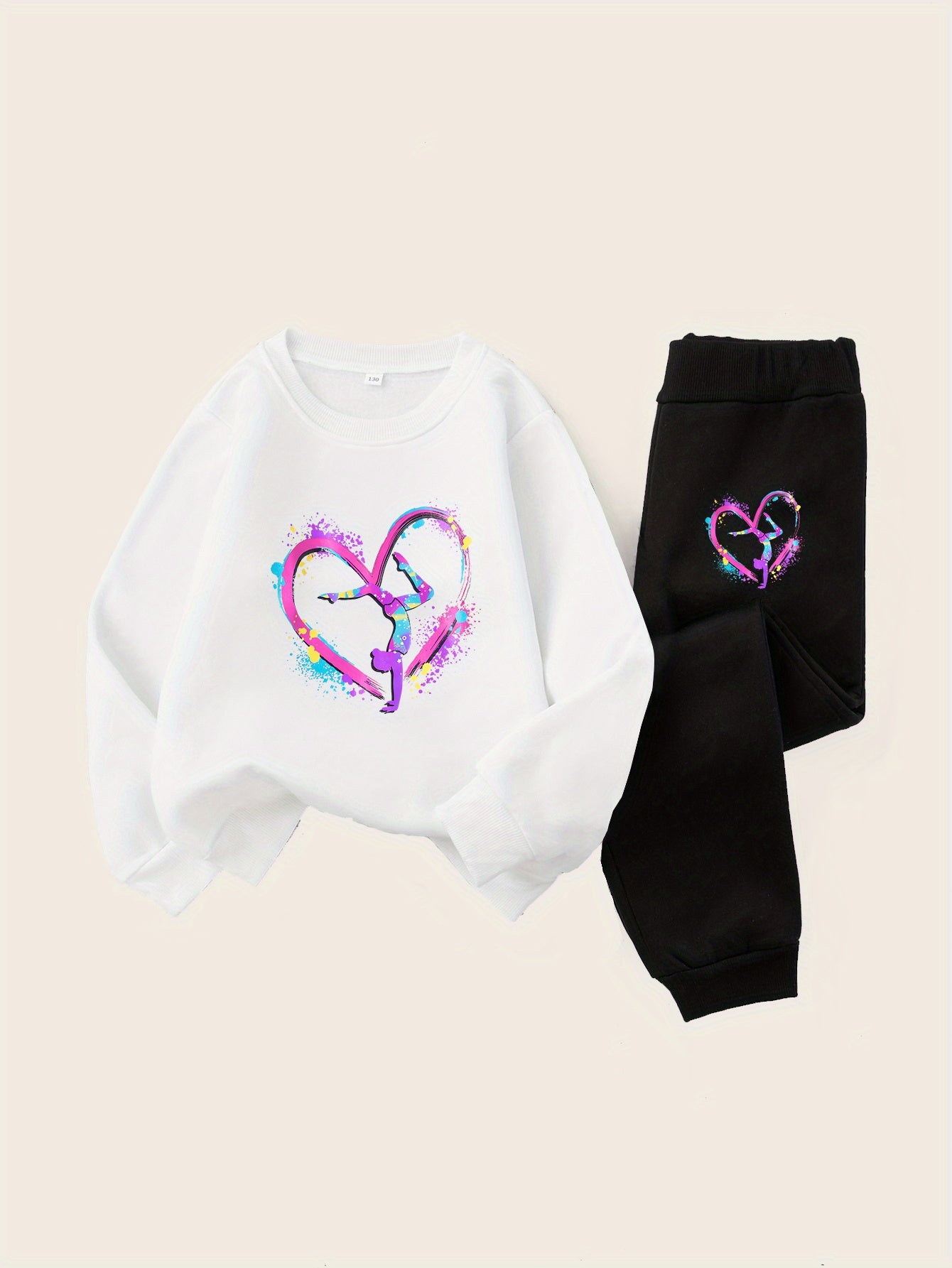 Girls' Cozy Gymnastics Watercolor Print Sweatshirt Set - Black with Vibrant Heart Design, Perfect for Outdoor Activities, Casual Wear, Allseason Comfort, Gymnastics Outfit|Playful Print|Stretchy Fabric