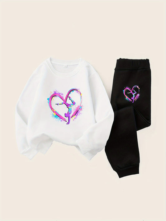 Girls' Cozy Gymnastics Watercolor Print Sweatshirt Set - Black with Vibrant Heart Design, Perfect for Outdoor Activities, Casual Wear, Allseason Comfort, Gymnastics Outfit|Playful Print|Stretchy Fabric