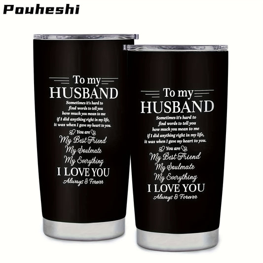 1pc 20oz Stainless Steel "to My Husband" Insulated Water Bottle with Sliding Lid & Straw - Double-Wall Vacuum Insulation, Leak-Proof, -Slip Grip, Message Engravable - Reusable Gift for Husband, Christmas, Anniversary, Valenti
