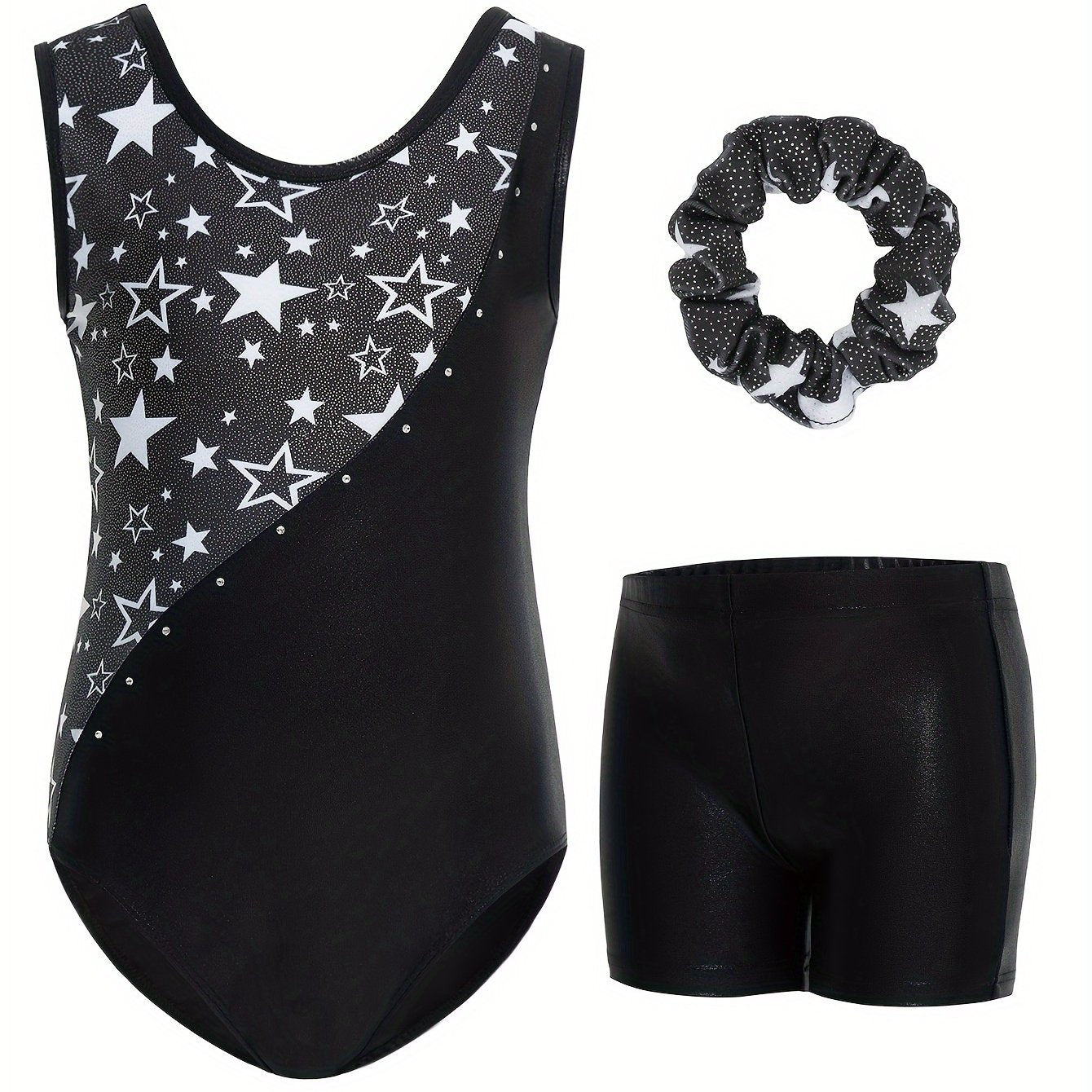 3pcs Gymnastics Leotards For Girls, Sleeveless Kids Dance Unitards Biketards With Shorts And Hair Scrunchie Eid Gifts For Kids, for Outdoor