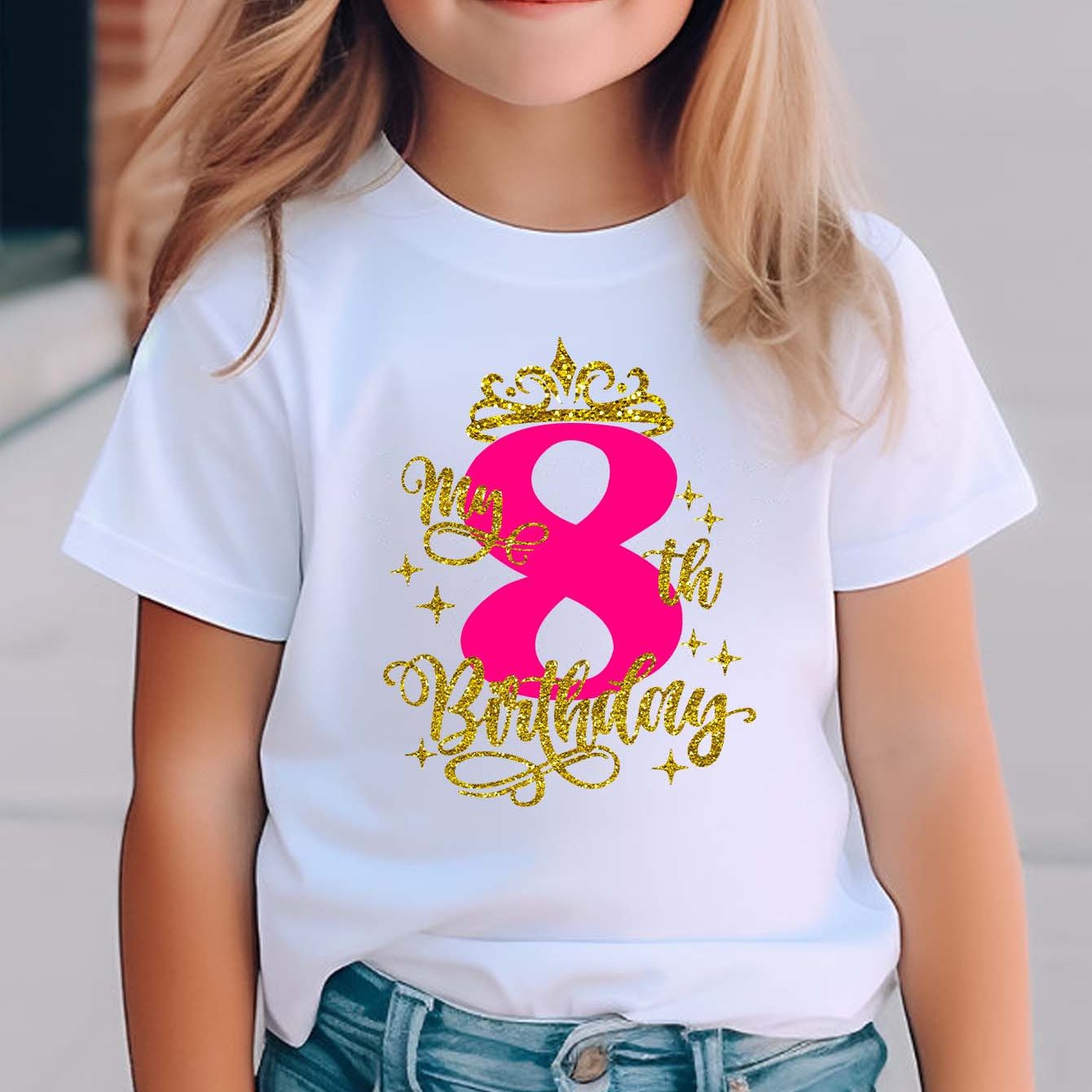 Girls' 8th Birthday T-Shirt with Golden Crown & Number 8 Print - Cute Round Neck Short Sleeve Top, Comfortable Knit Fabric, Loose Fit for Spring Summer Casual Wear, Birthday Party Outfit for 8 Year Old Girls (Age 8) - Ideal B