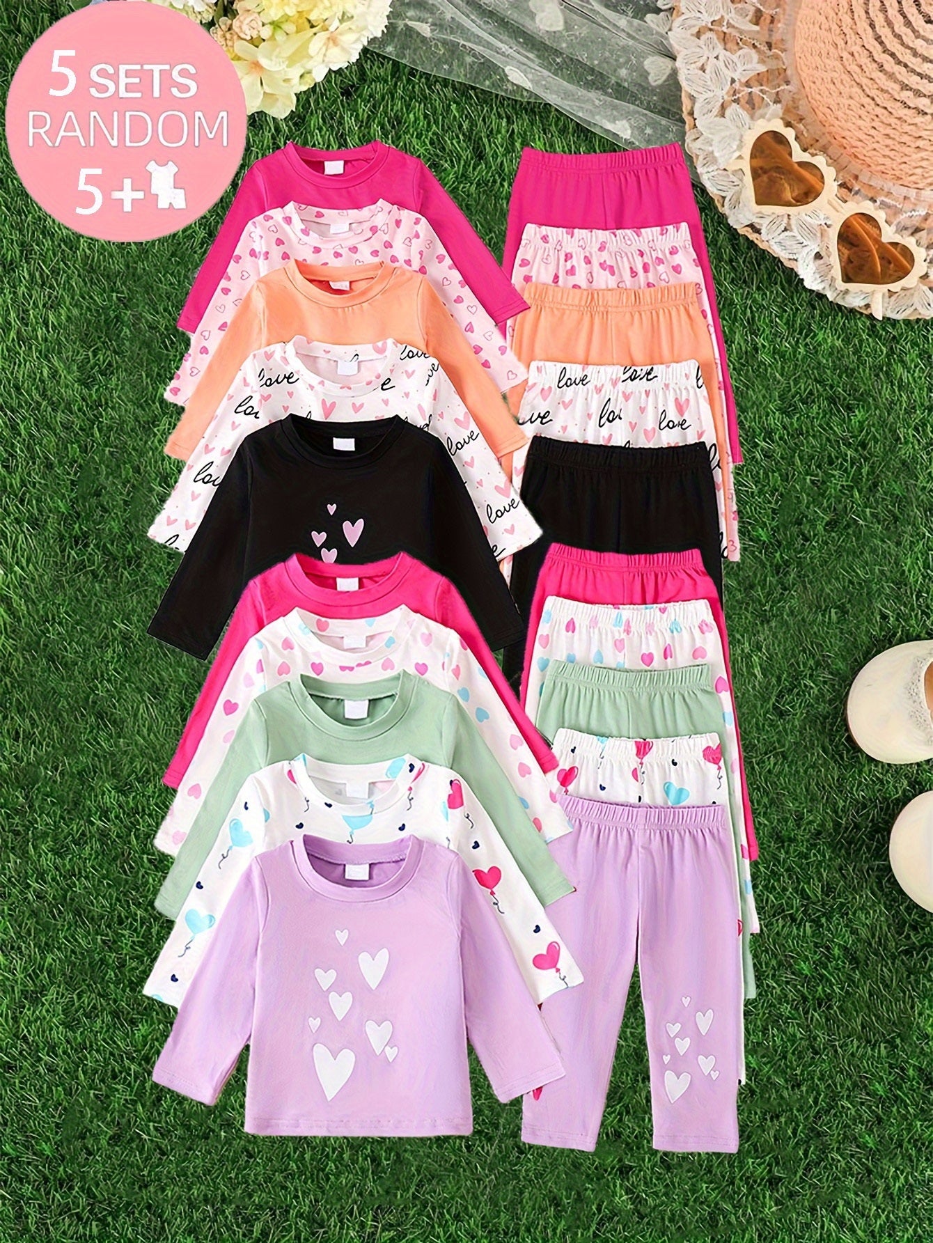 Random Set Of Ten Pieces For Baby Girls With Heart Printed Pattern And English Letter Printed Pattern. Randomly Cut T-shirts And Randomly Cut Trousers With Heart Printed Pattern And Outdoor Suit, for Outdoor
