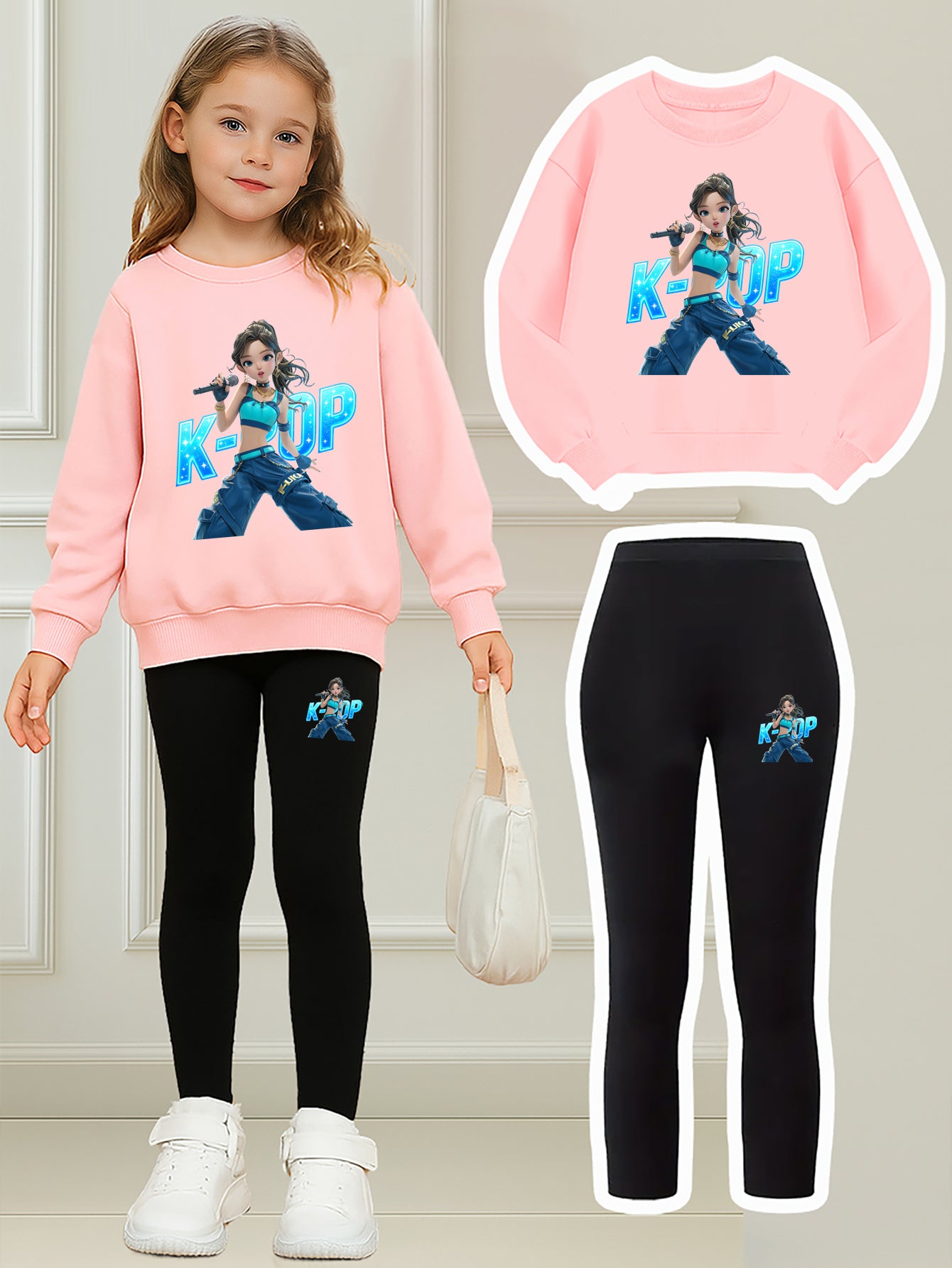 K-Pop Element Girls Two-piece Set | Girl Idol Group Anime Print Sweatshirt + Tight Pants | Trendy Brand Daily Wear | Perfect Birthday Gift for Girls, for Outdoor