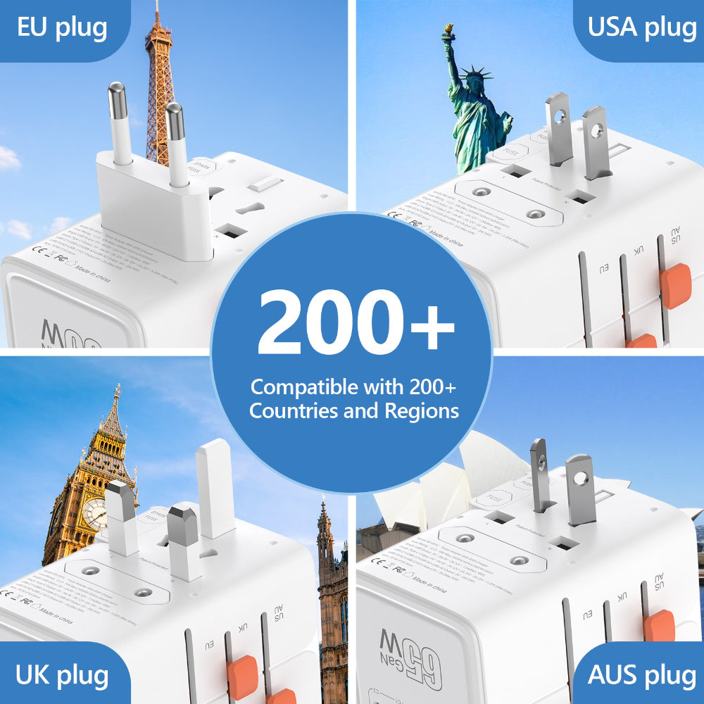ANRMESUN 65W Travel Adapter with 4-Port USB Charger (2 USB-C) & Global Voltage 100-240V - Heavy Duty Power Adapter with US/EU/UK/AU Plugs, Compact Cube Design, Overload & Short Circuit Protection, Compatible with Europe, UK,