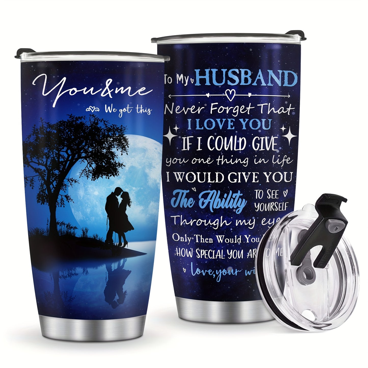 Foloda 20oz Insulated Husband Tumbler from Wife - Romantic "Never Forget I Love You" Travel Mug with Leak-Proof Lid, Moonlit Couple Design & Heartfelt Quotes - Valentine's Day, Christmas, Birthday Gifts for Him