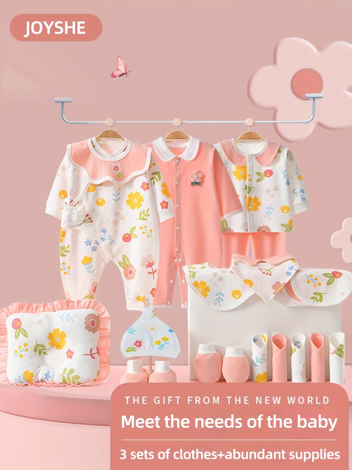 Baby Girl Clothes + Newborn Daily Necessities Complete Set, Total 22pcs, 3 Sets Of Clothes + Hat + Bib + Pillow + Hand And Foot Covers + Bibs, Baby Items, Baby Full Moon Autumn Long Sleeve Suit, Baby Romper, Local Warehouse,