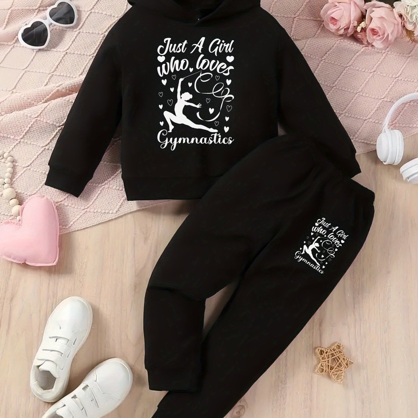 Girls Hoodie and Pants Set Black Just A Girl Who Loves Gymnastics Print Casual Wear for Gymnastics Practice and Everyday Outfits, Perfect for Outdoor