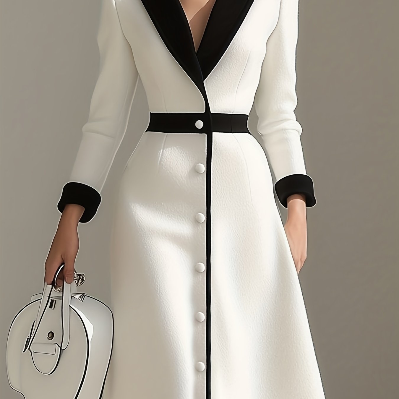 Women's Elegant French A-Line Dress - High-Waisted Black & White Dress with Short/long Sleeve Options, Machine Washable Wedding Guest Gown for Fall/Winter Parties, Prom, and Special Occasions