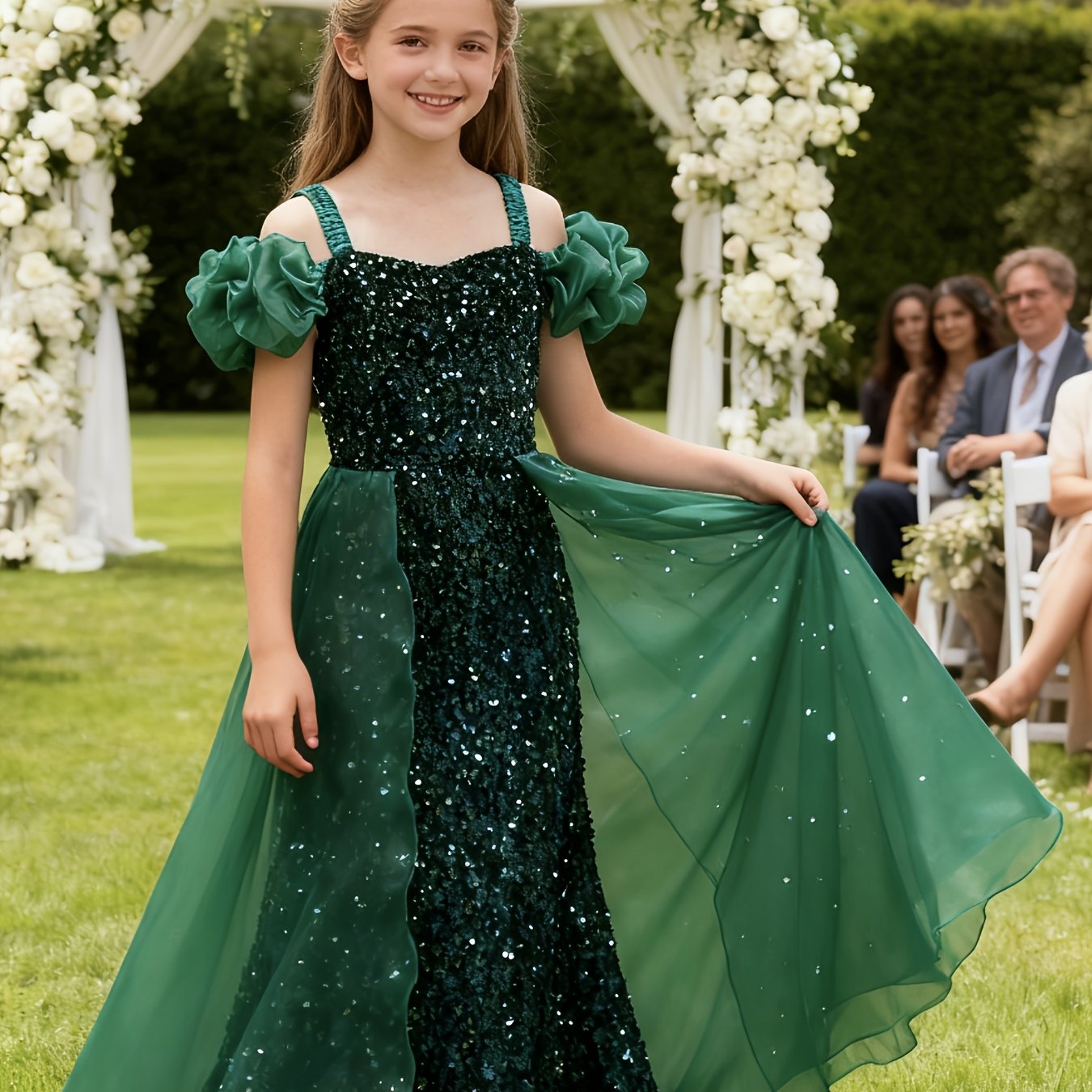 Girls Princess Gown With Off-Shoulder Puff Sleeves Tulle Train