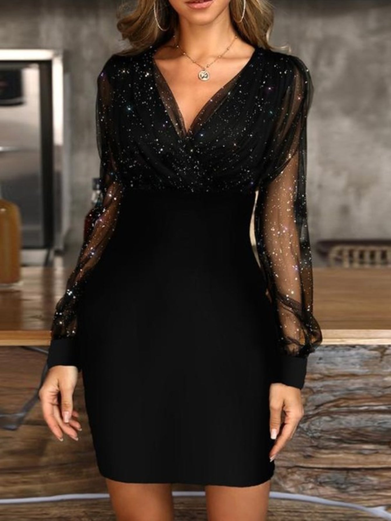 HERTALK Mesh V-Neck Sequin Dress, Slim-Fit And Sexy