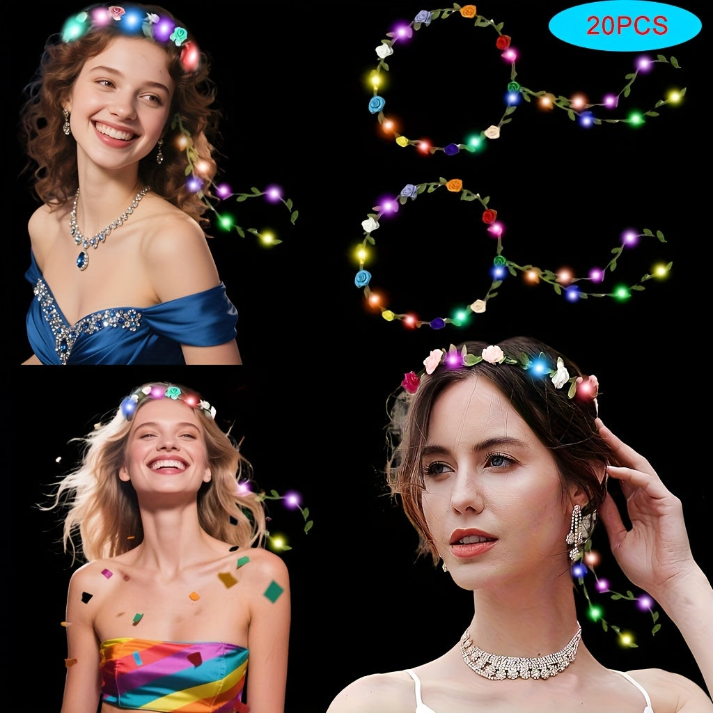 [Bohemian LED Flowers] 20pcs Bohemian LED Flowers with Braided Headband - Green Rattan & Paper Flowers (Random Color) - for Wedding, Party, Cosplay, Christmas, Birthday, Holiday, Photography, Camping, Glow, Concert