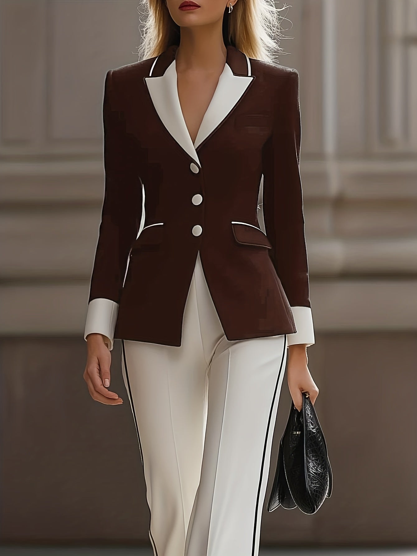 Sophisticated Black And White Suit Ensemble for Fall And Winter, Featuring a Blazer with a Contrasting Collar And Flared Pants, Ideal for Professional Gatherings.