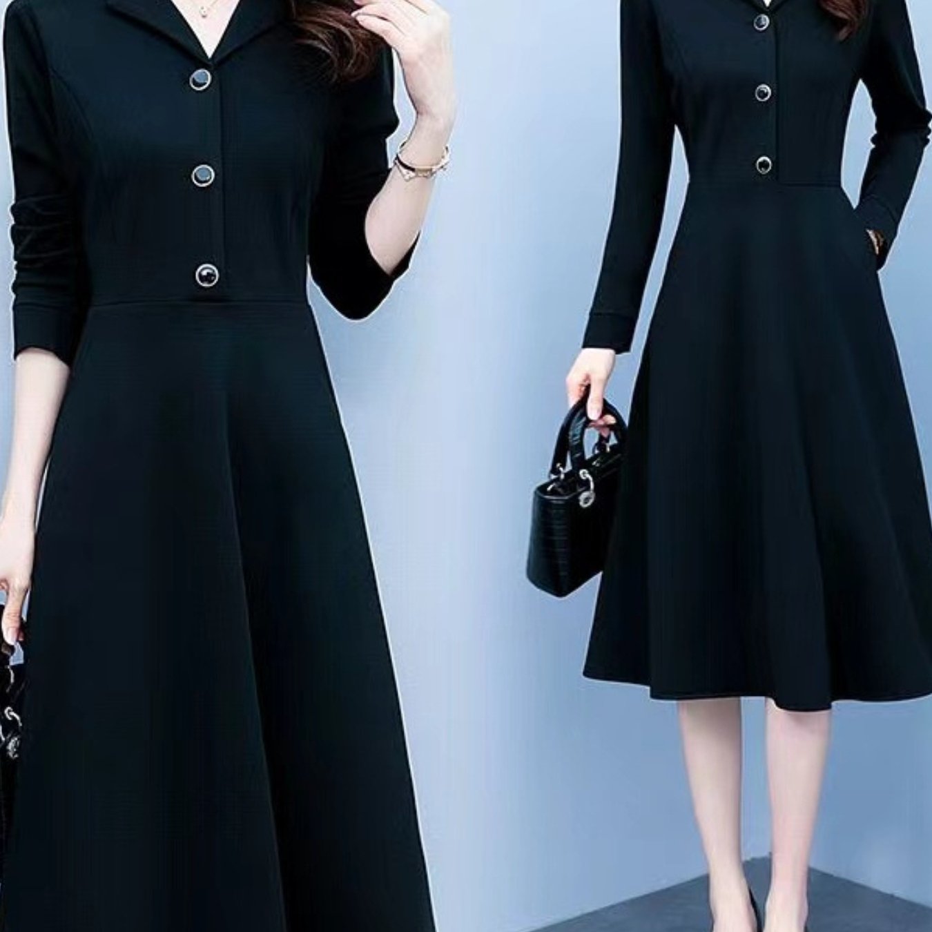 SCACTO Women's Elegant Button Front Long Sleeve A-Line Dress - Slim Fit Mid-Length Office Dress, Machine Washable Professional Attire for all-Season Wear