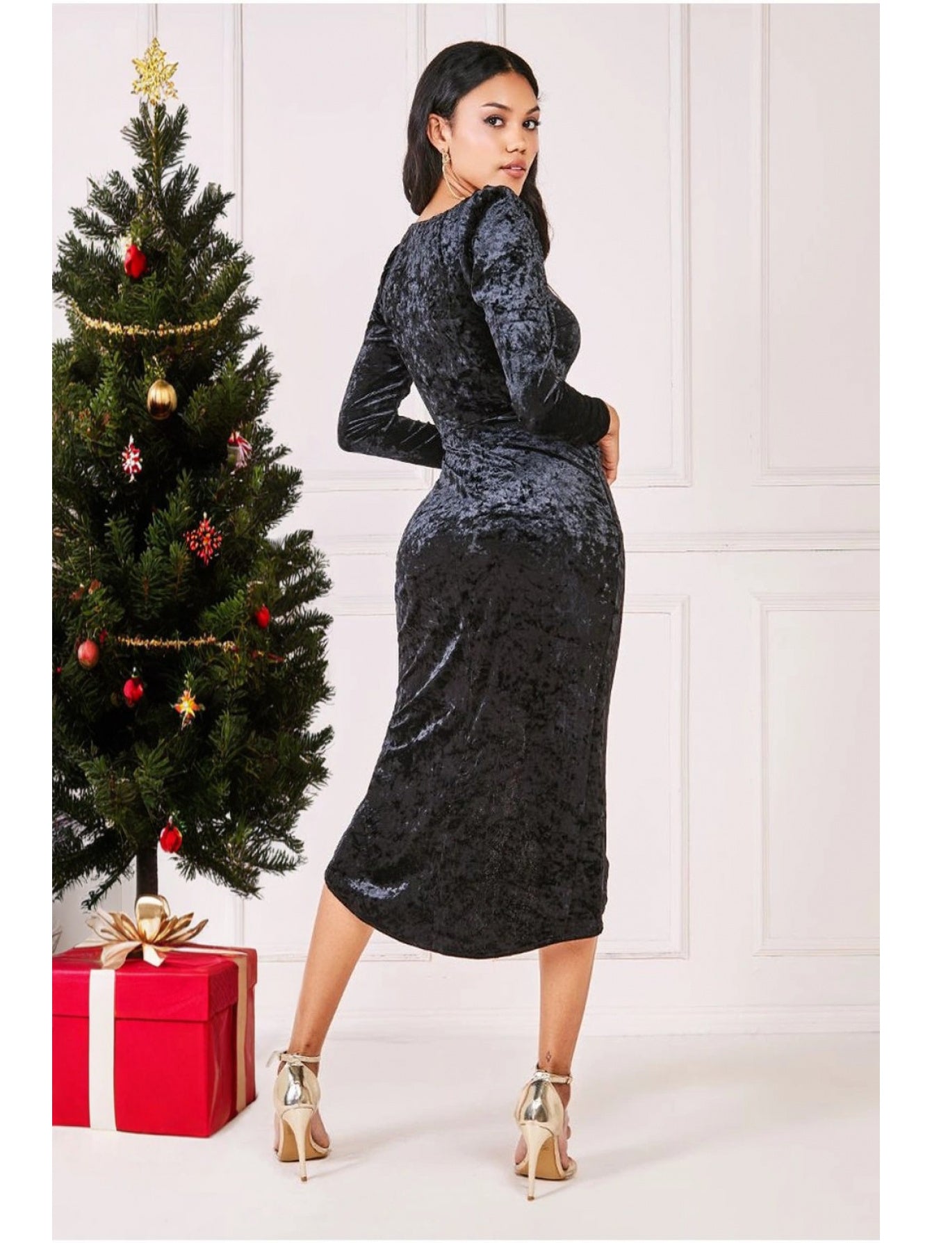 2025 Fall Winter Velvet Dress For Women With Crinkle Texture And Asymmetrical Hem