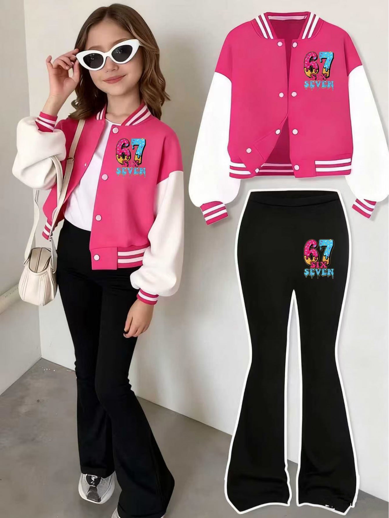 2pcs set, girls' jacket and flared pants set, 3-12 years old, autumn and winter, colorful, number 67, 3D printing, polyester blended with spandex fabric, K-pop style, suitable for holiday parties, creative gifts, daily casual